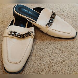 Miou Milala Leather Slip On Mule Loafer Hybrid w Metal Chain Detail.